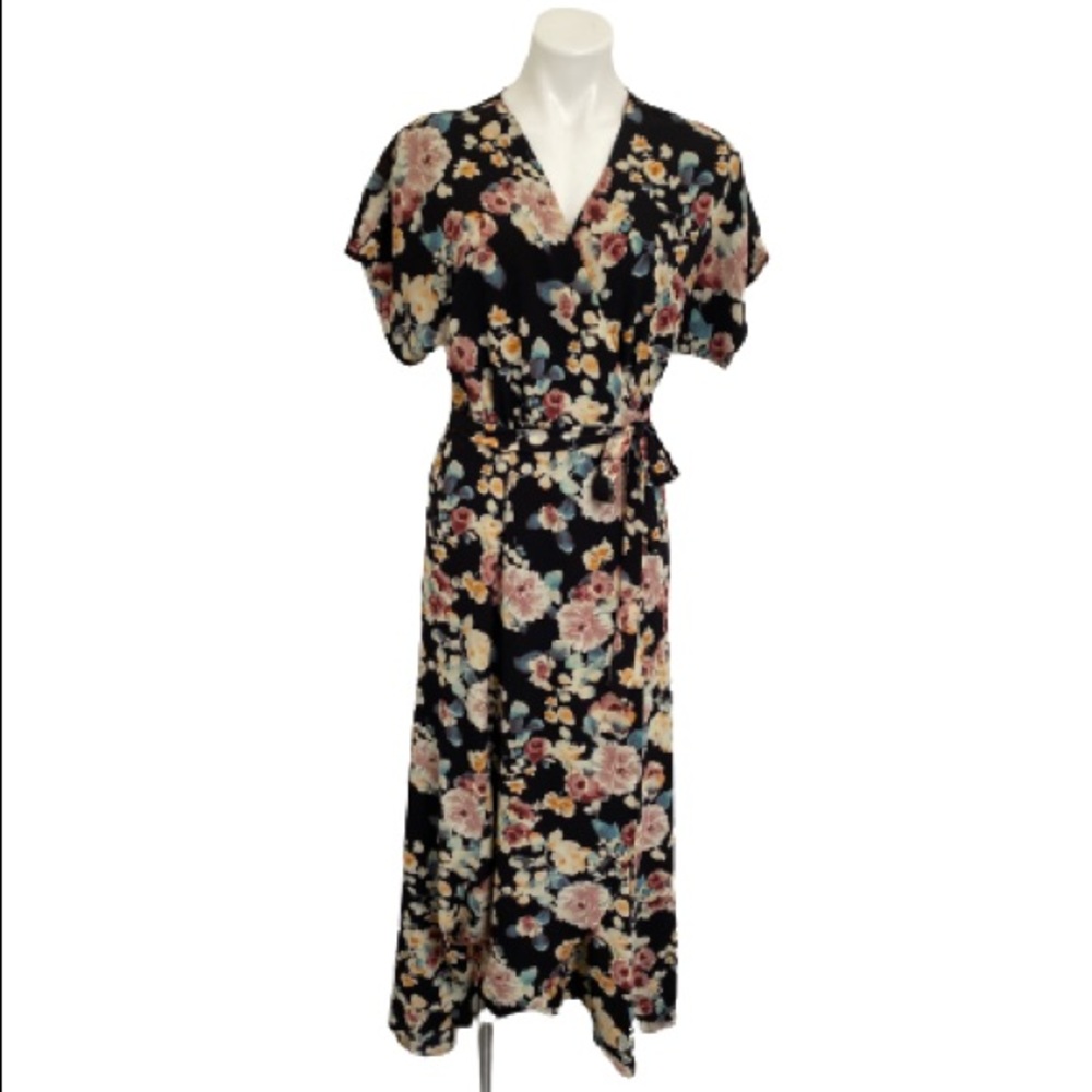 Bobeau black floral full wrap maxi dress size M romantic